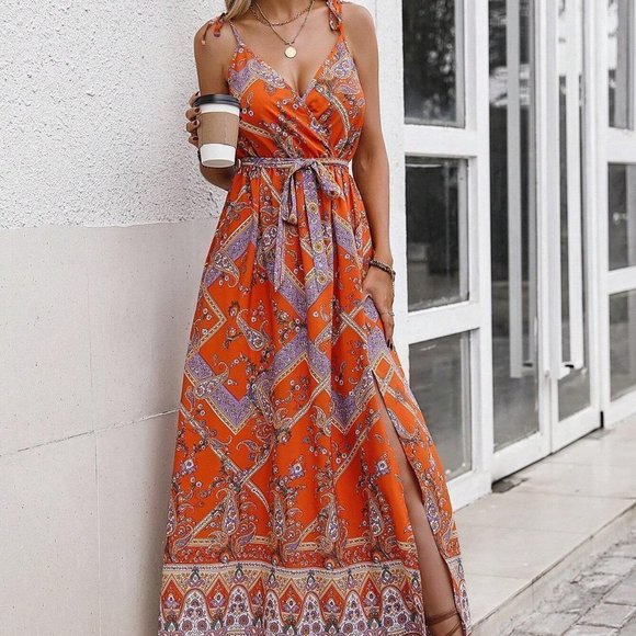 Orange Boho Womens Paisley Print Split Thigh Belted Cami Dress - Picture 4 of 5
